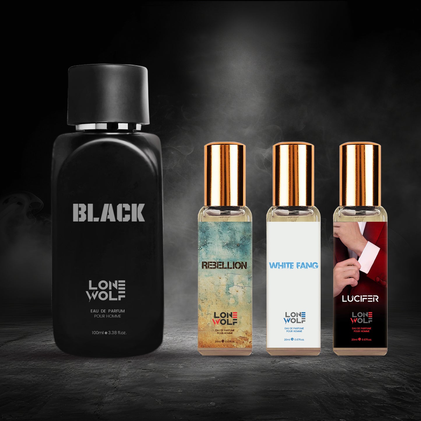 Black Eau De Parfum Pour Homme 100ml Lucifer 20ml, White Fang 20ml, Rebellion 20ml