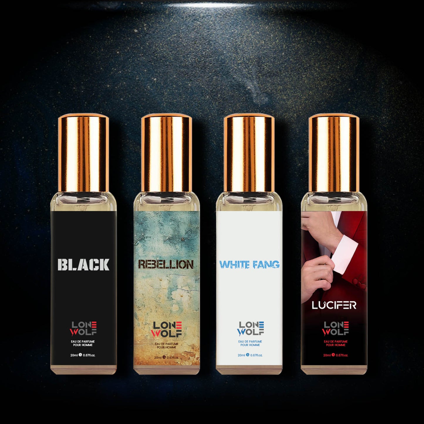Lone Wolf - Pack of 4 Eau De Parfum 20ml each. Whitefang | Rebellion | Black | Lucifer (total 80ml)