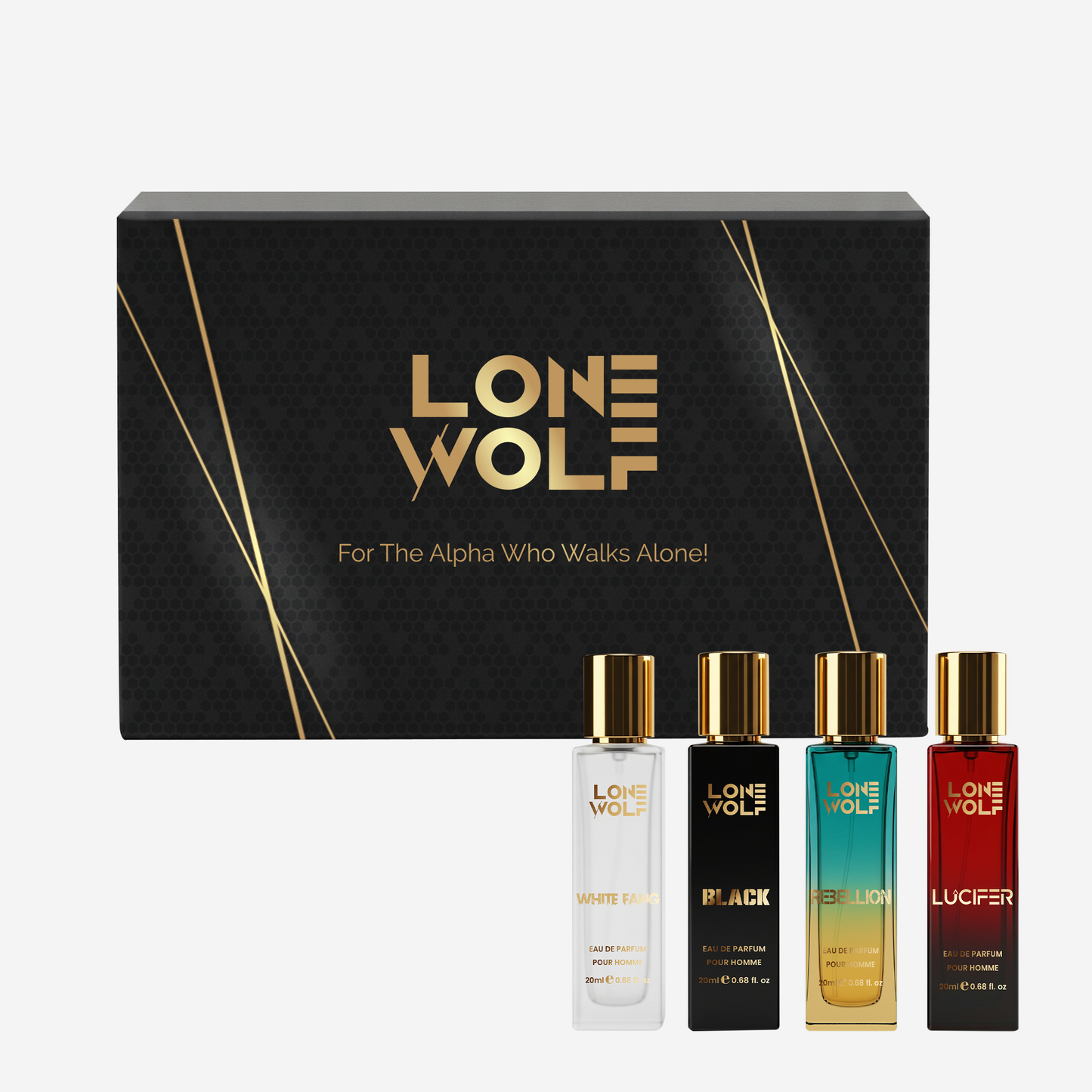 Lone Wolf - Pack of 4 Gift Box Eau De Parfum 20ml each. Whitefang | Rebellion | Black | Lucifer (total 80ml)