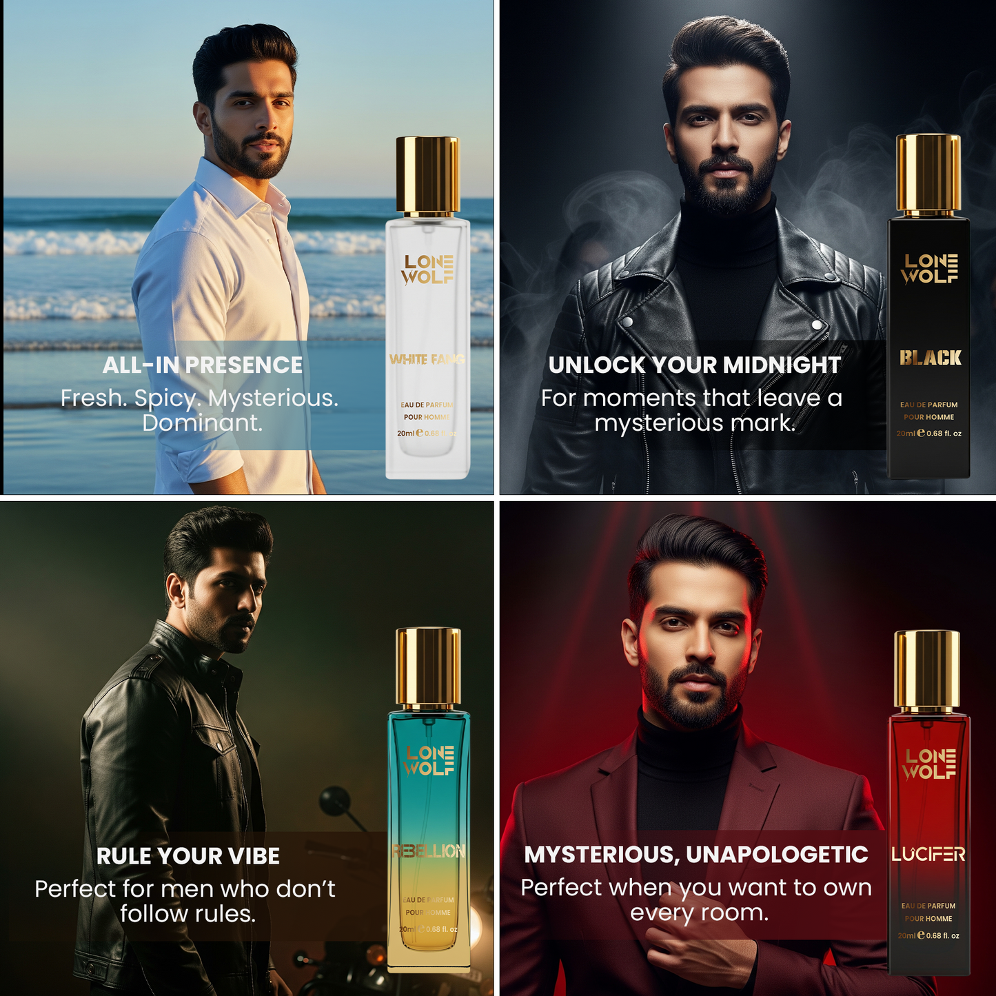 Lone Wolf - Pack of 4 Gift Box Eau De Parfum 20ml each. Whitefang | Rebellion | Black | Lucifer (total 80ml)