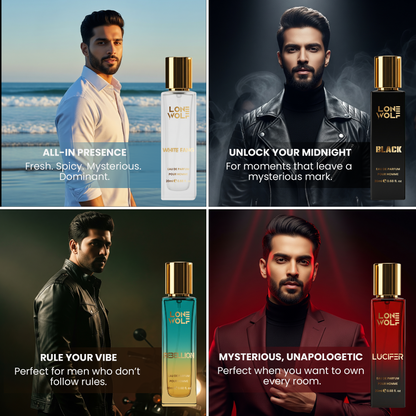 Lone Wolf - Pack of 4 Gift Box Eau De Parfum 20ml each. Whitefang | Rebellion | Black | Lucifer (total 80ml)
