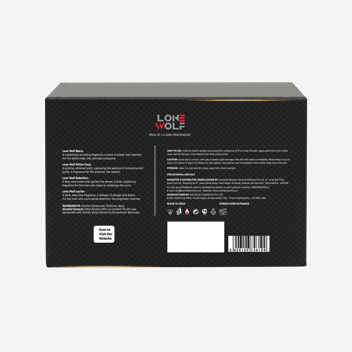 Lone Wolf - Pack of 4 Gift Box Eau De Parfum 20ml each. Whitefang | Rebellion | Black | Lucifer (total 80ml)