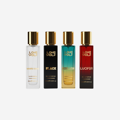 Lone Wolf - Pack of 4 Gift Box Eau De Parfum 20ml each. Whitefang | Rebellion | Black | Lucifer (total 80ml)