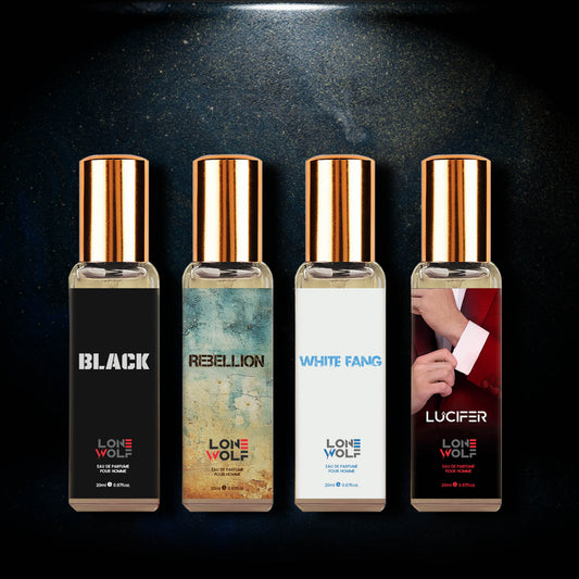 Lone Wolf - Pack of 4 Eau De Parfum 20ml each. Whitefang | Rebellion | Black | Lucifer (total 80ml)